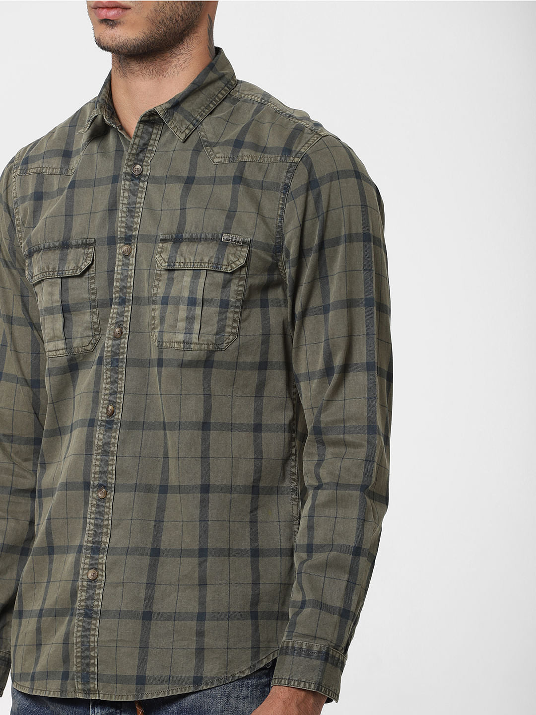 Khaki Overdyed Check Full Sleeves Shirt