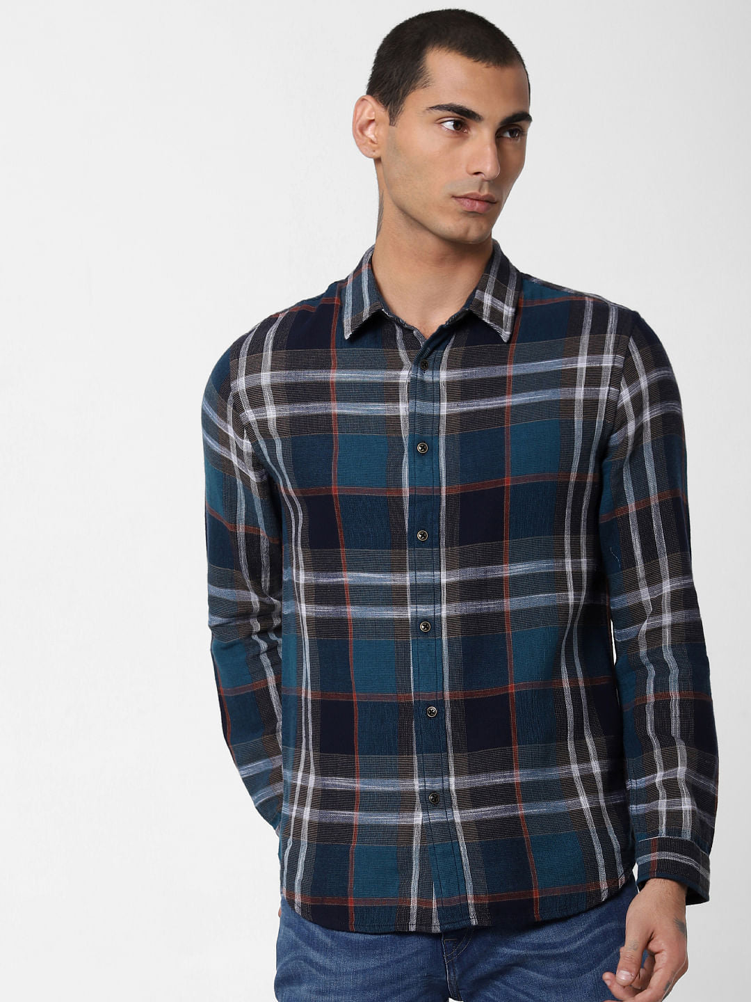 Navy Blue Check Full Sleeves Shirt