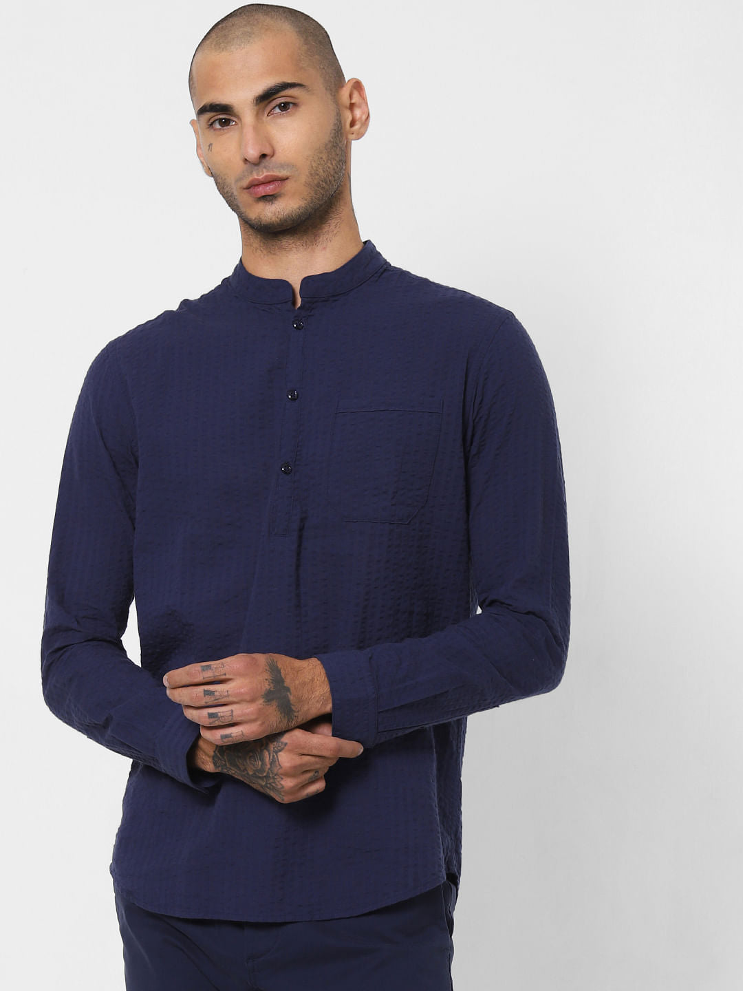 Navy Blue Textured Full Sleeves Shirt
