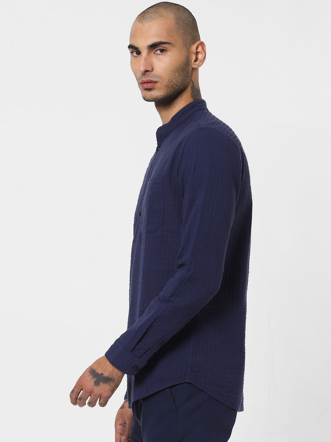 Navy Blue Textured Full Sleeves Shirt