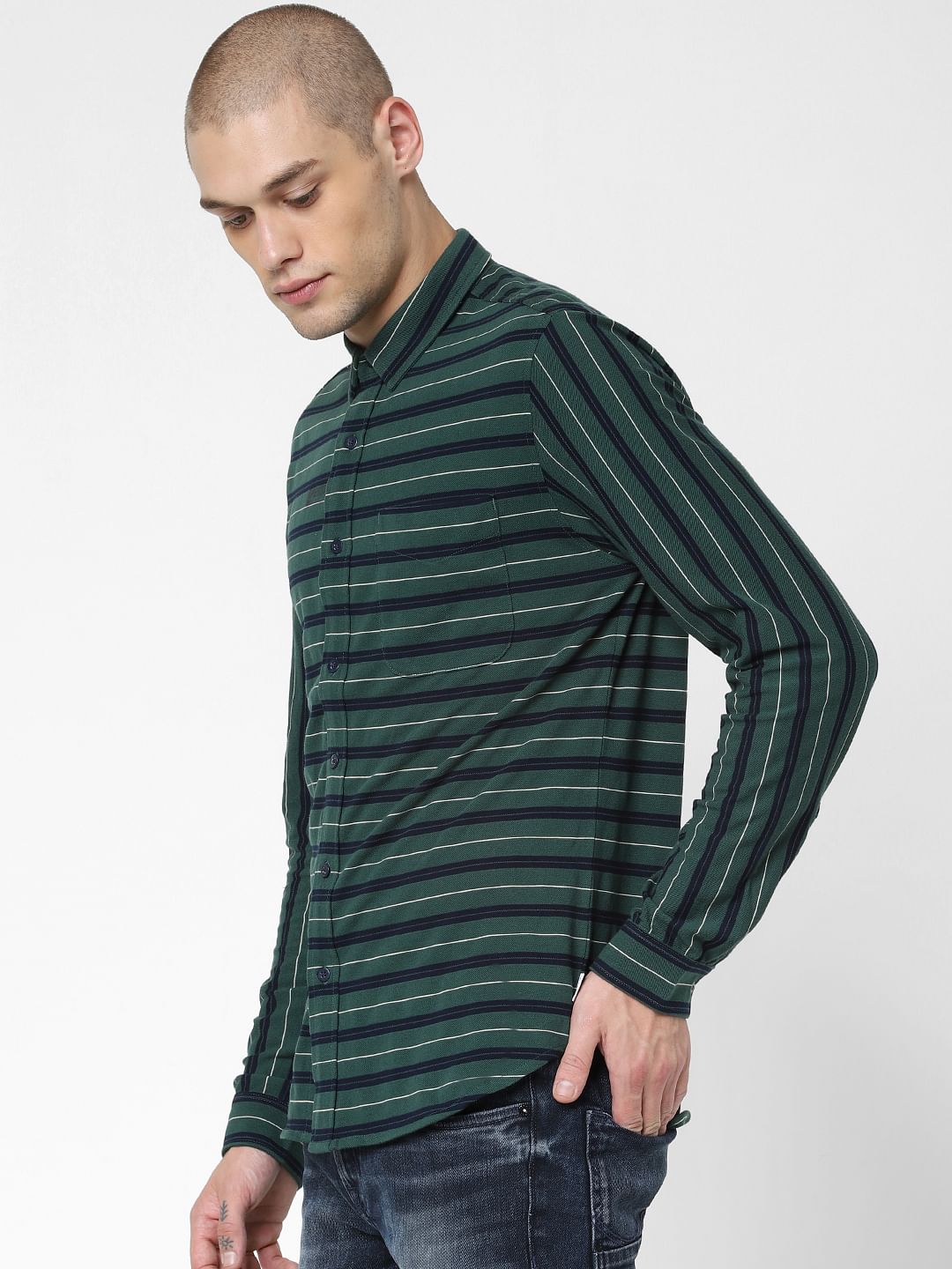 Green Striped Full Sleeves Shirt