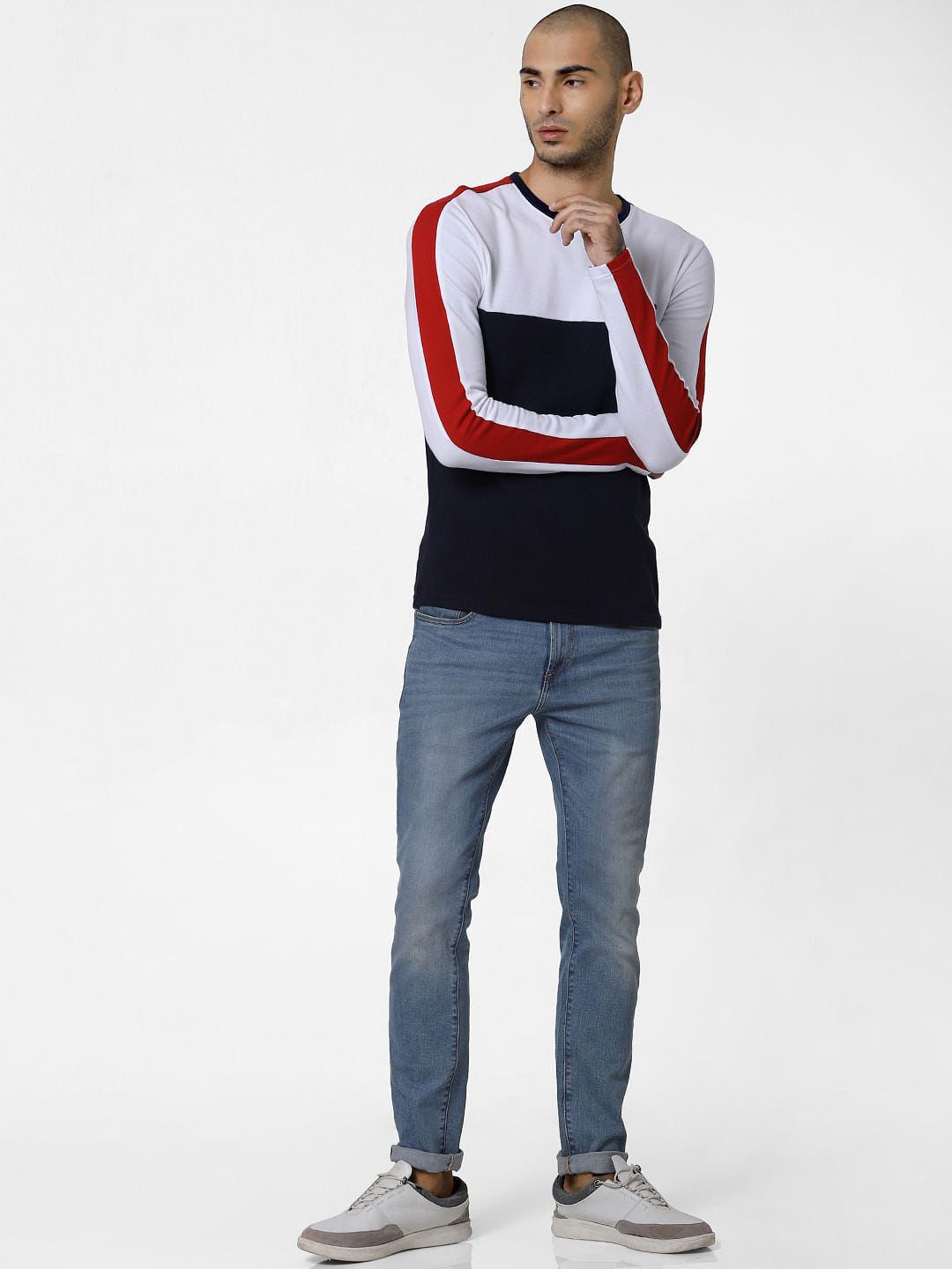 Navy Blue Colourblocked Crew Neck T-shirt