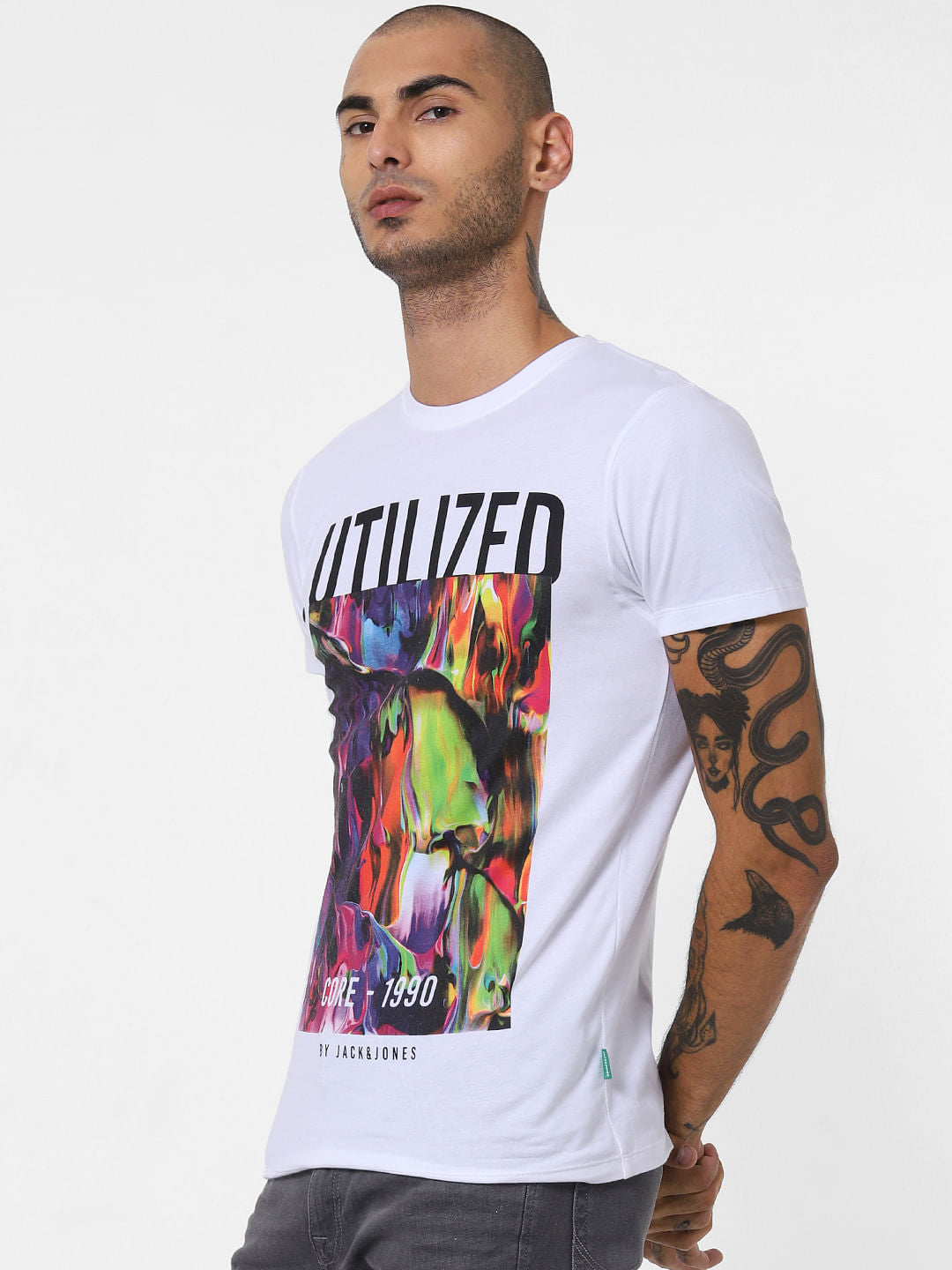 White Abstract Print Crew Neck T-shirt