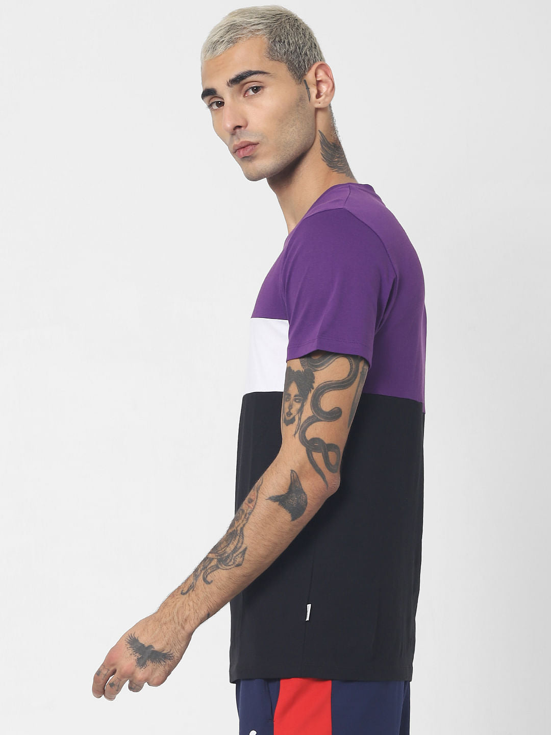 Purple Colourblocked Crew Neck T-shirt
