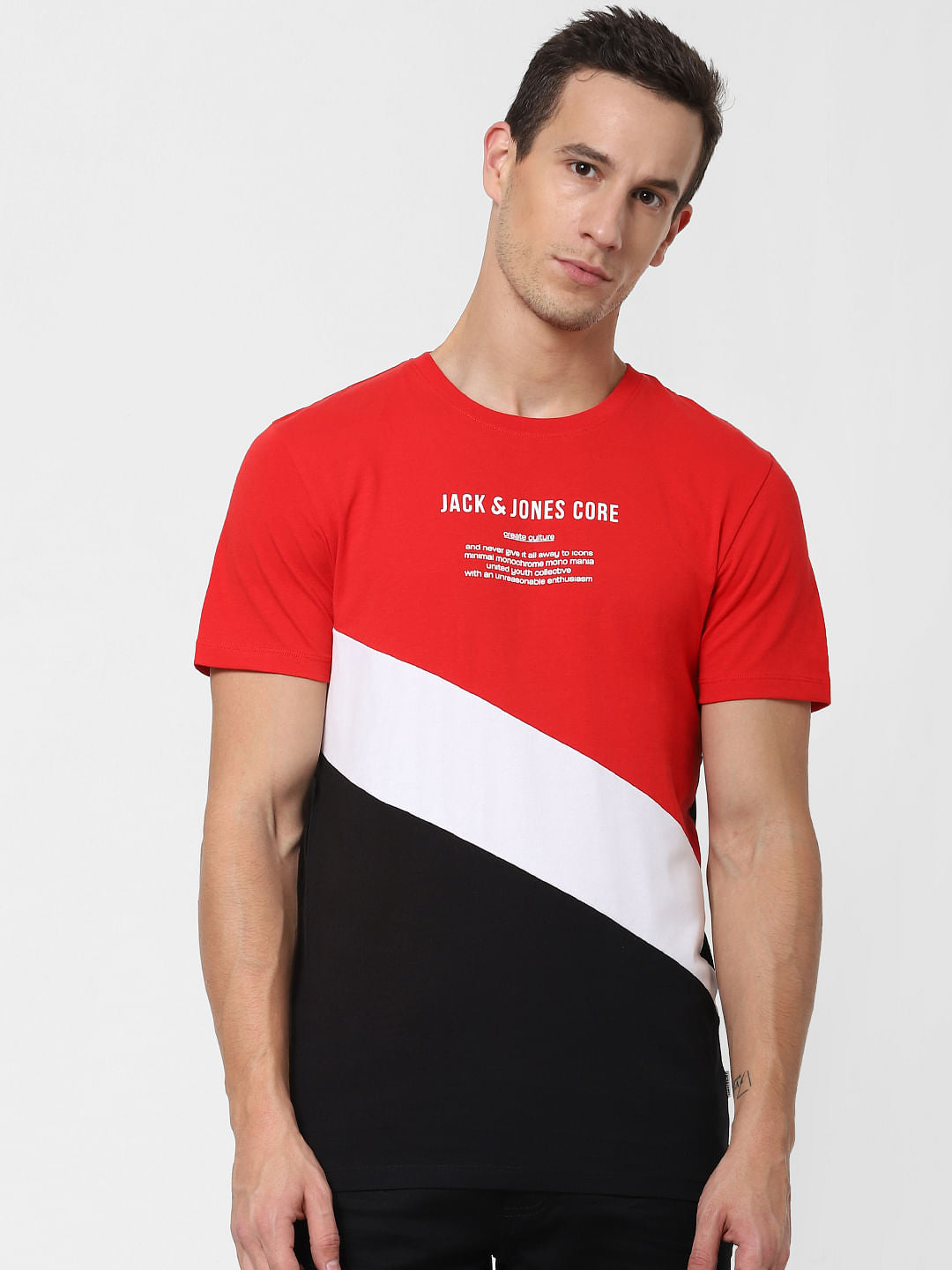 Red Colourblocked Crew Neck T-shirt