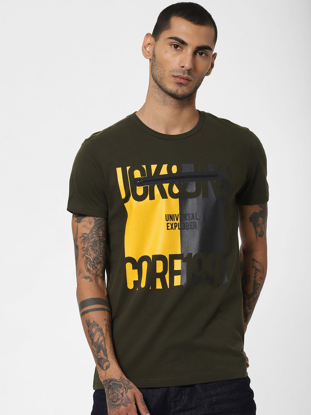 Green Zip Detail Crew Neck T-shirt