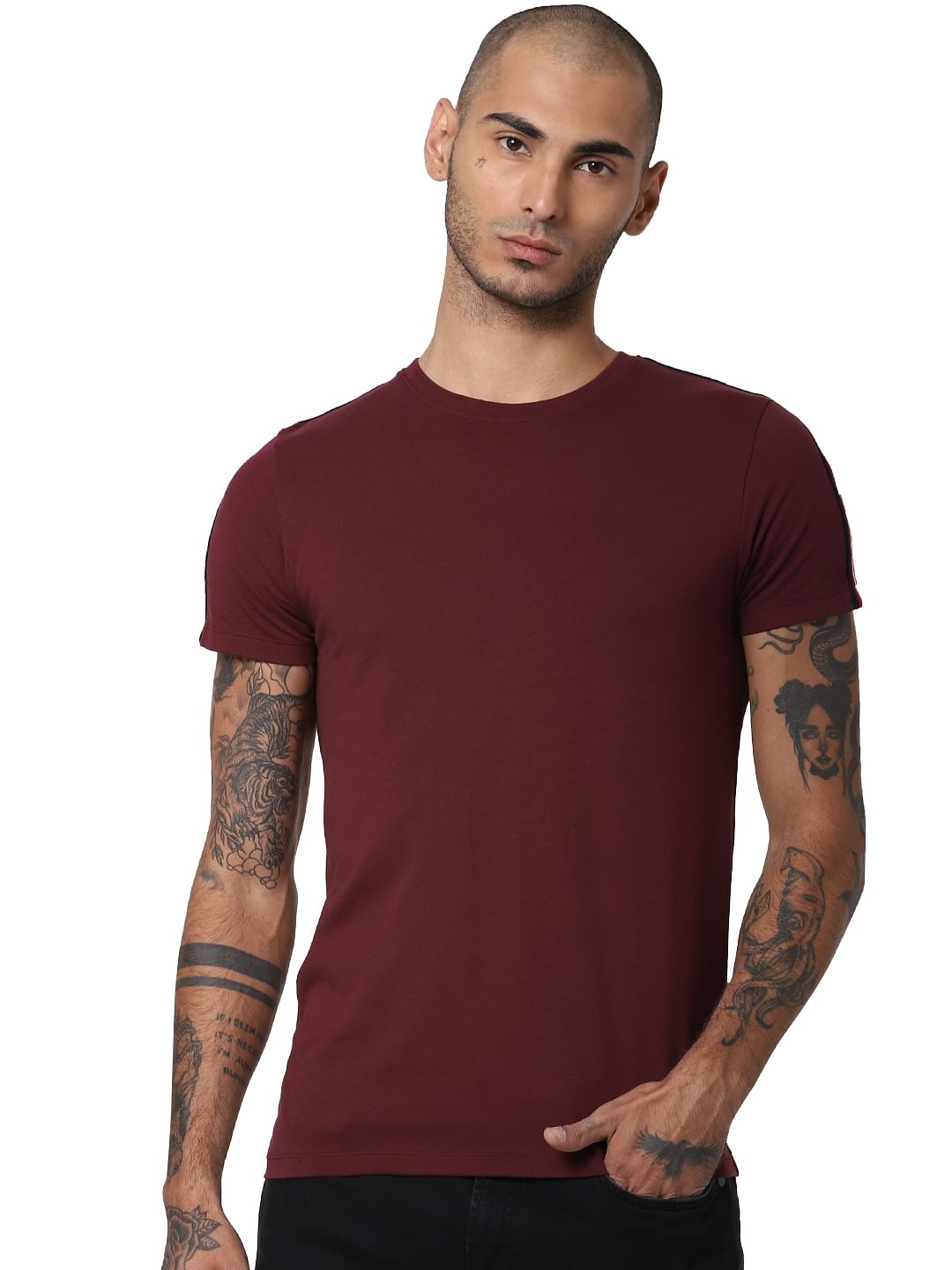 Maroon Tape Detail Crew Neck T-shirt