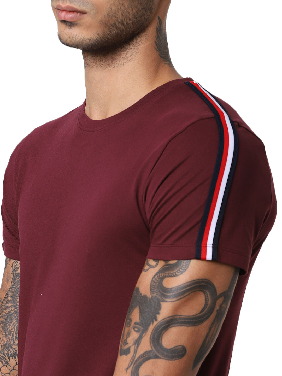 Maroon Tape Detail Crew Neck T-shirt