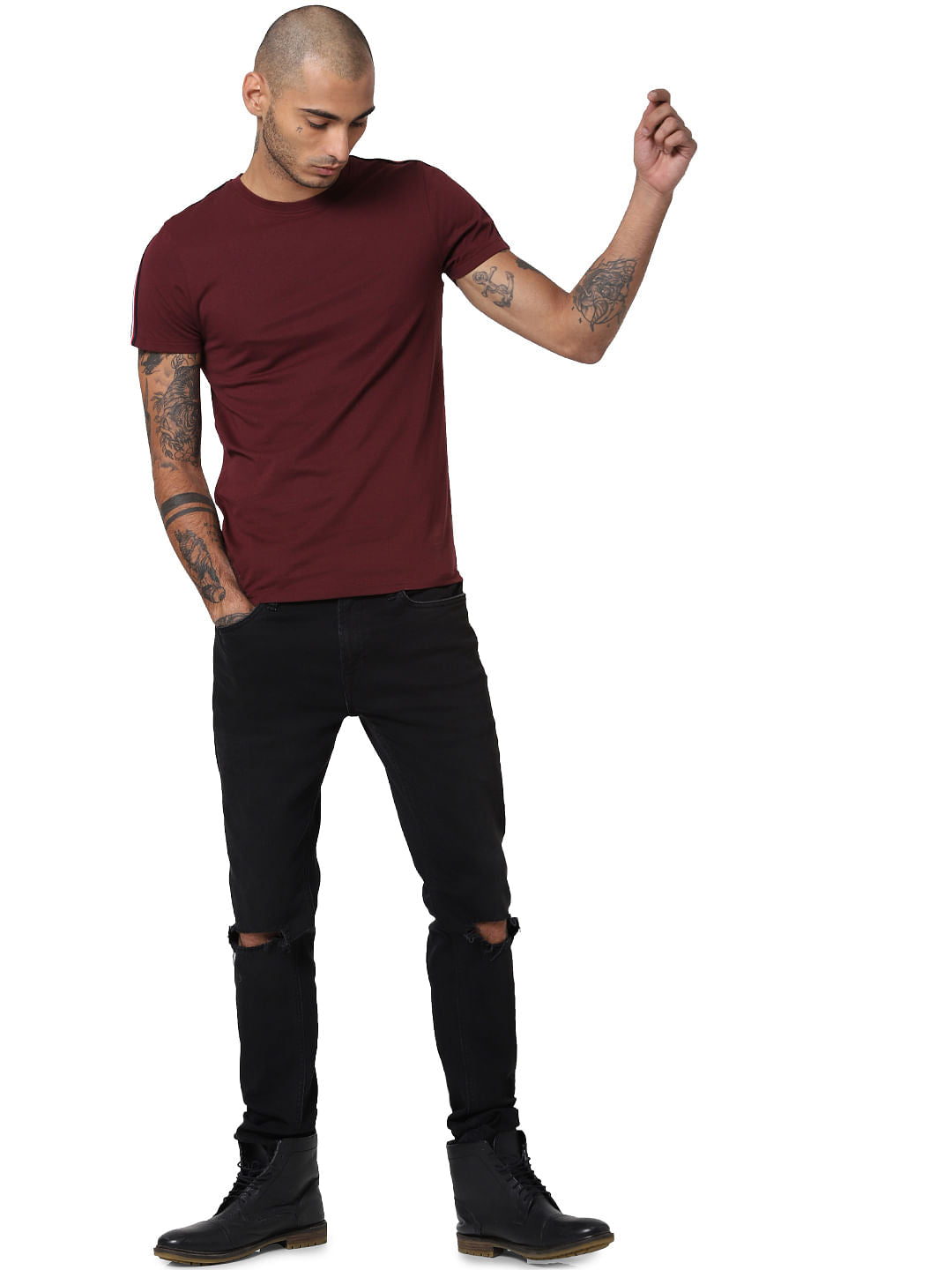 Maroon Tape Detail Crew Neck T-shirt