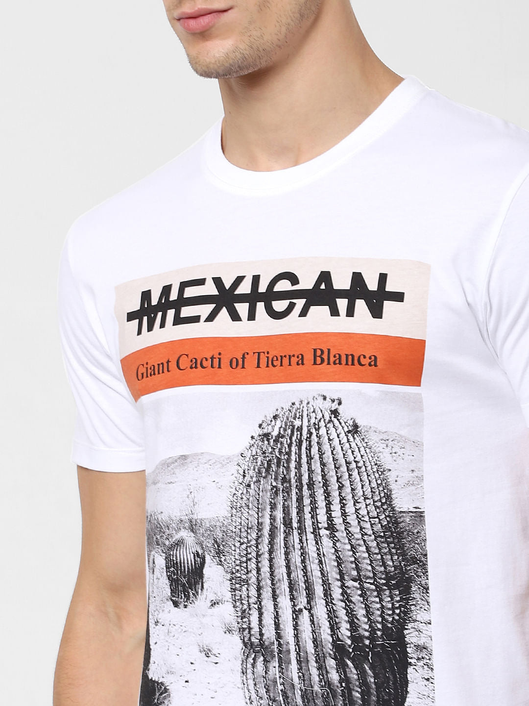 White Cactus Print Crew Neck T-shirt