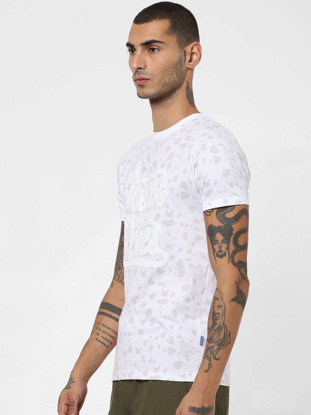 White All Over Print Crew Neck T-shirt