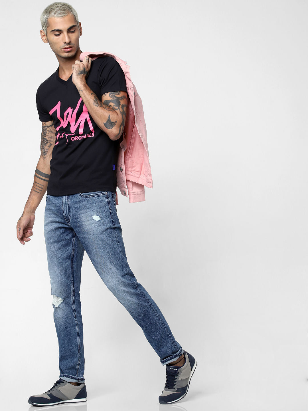 Black Graphic Print V Neck T-shirt