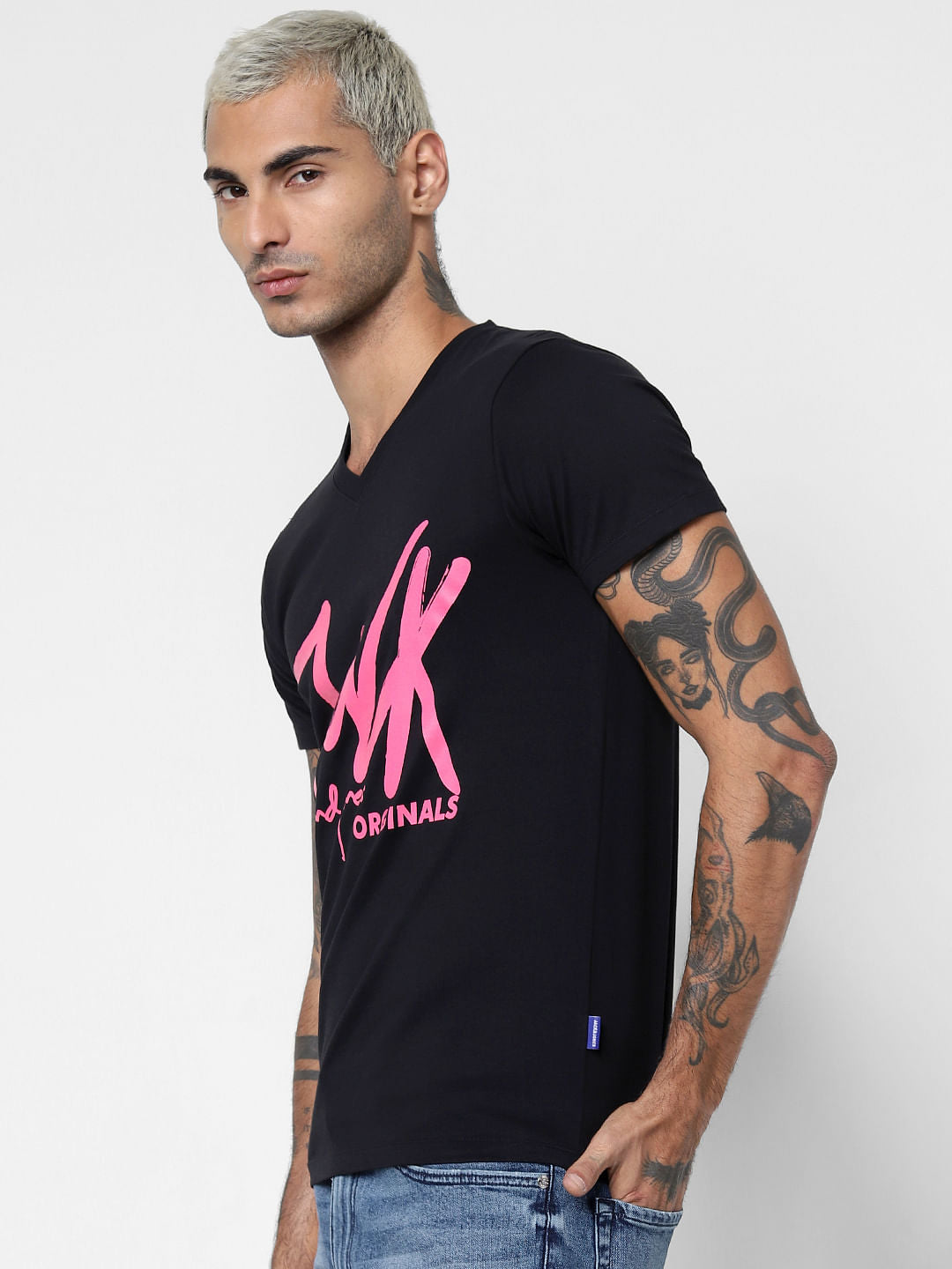 Black Graphic Print V Neck T-shirt