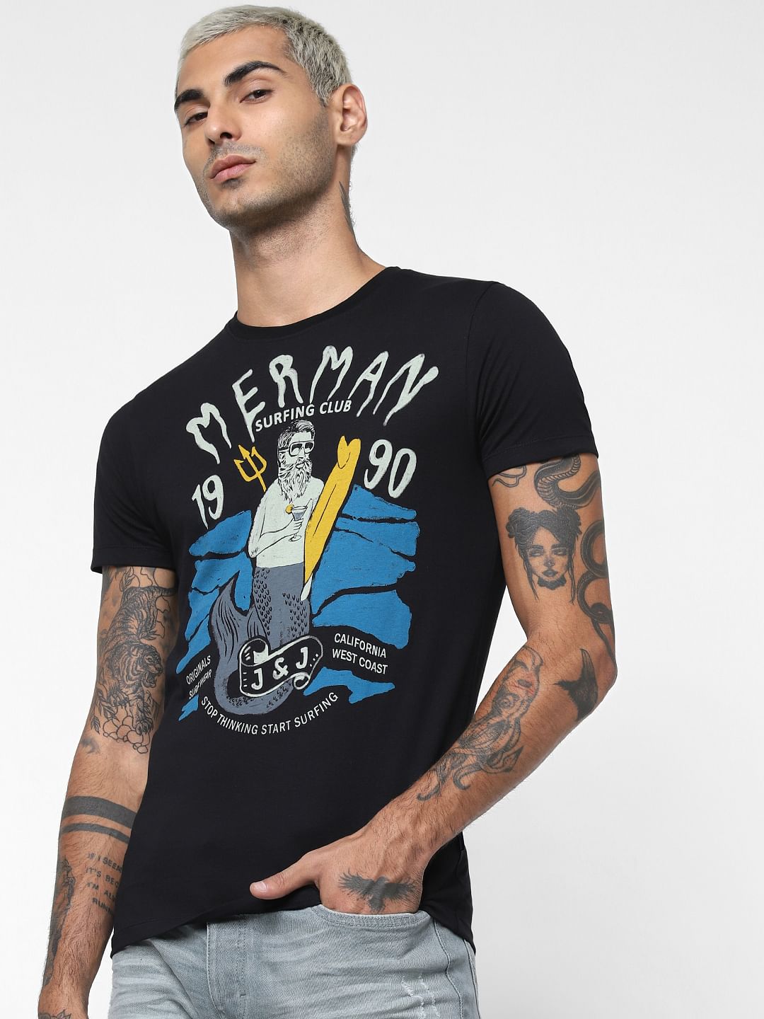Black Merman Print Crew Neck T-shirt