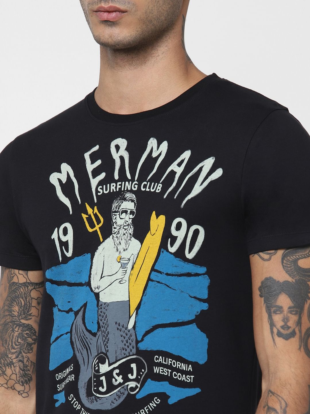 Black Merman Print Crew Neck T-shirt