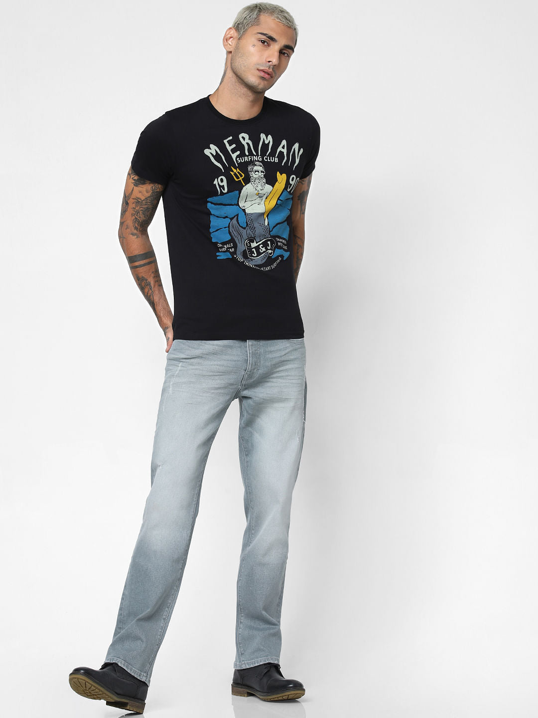 Black Merman Print Crew Neck T-shirt