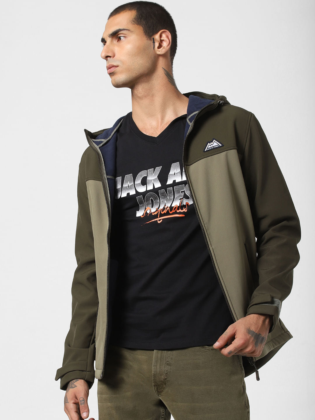 Black Logo Print V Neck T-shirt