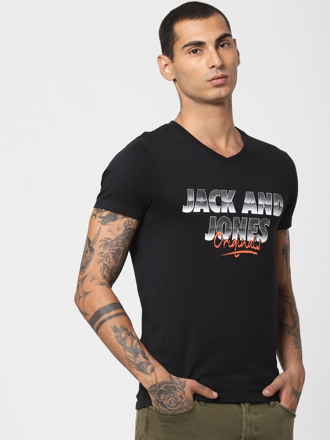 Black Logo Print V Neck T-shirt