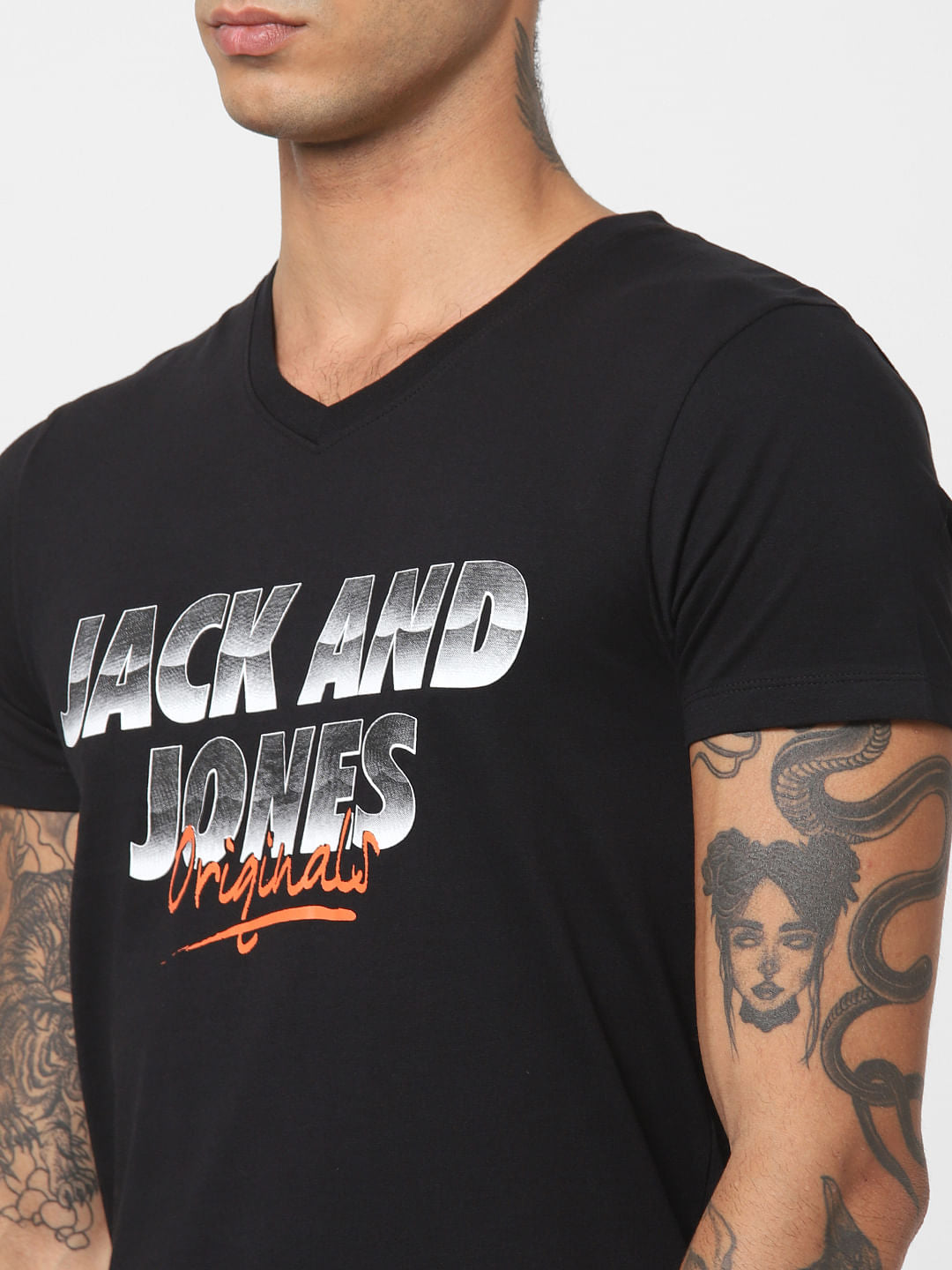 Black Logo Print V Neck T-shirt