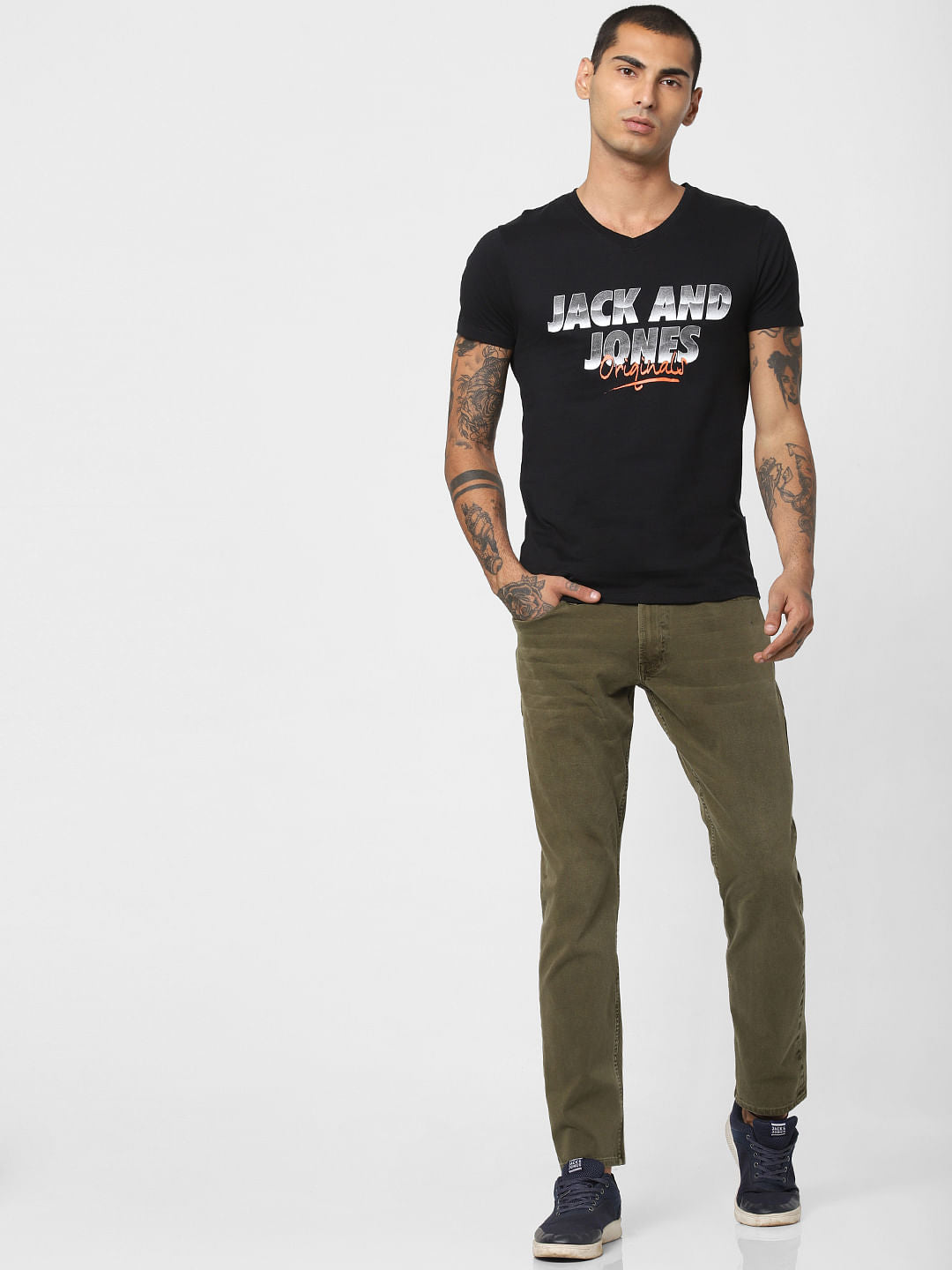 Black Logo Print V Neck T-shirt