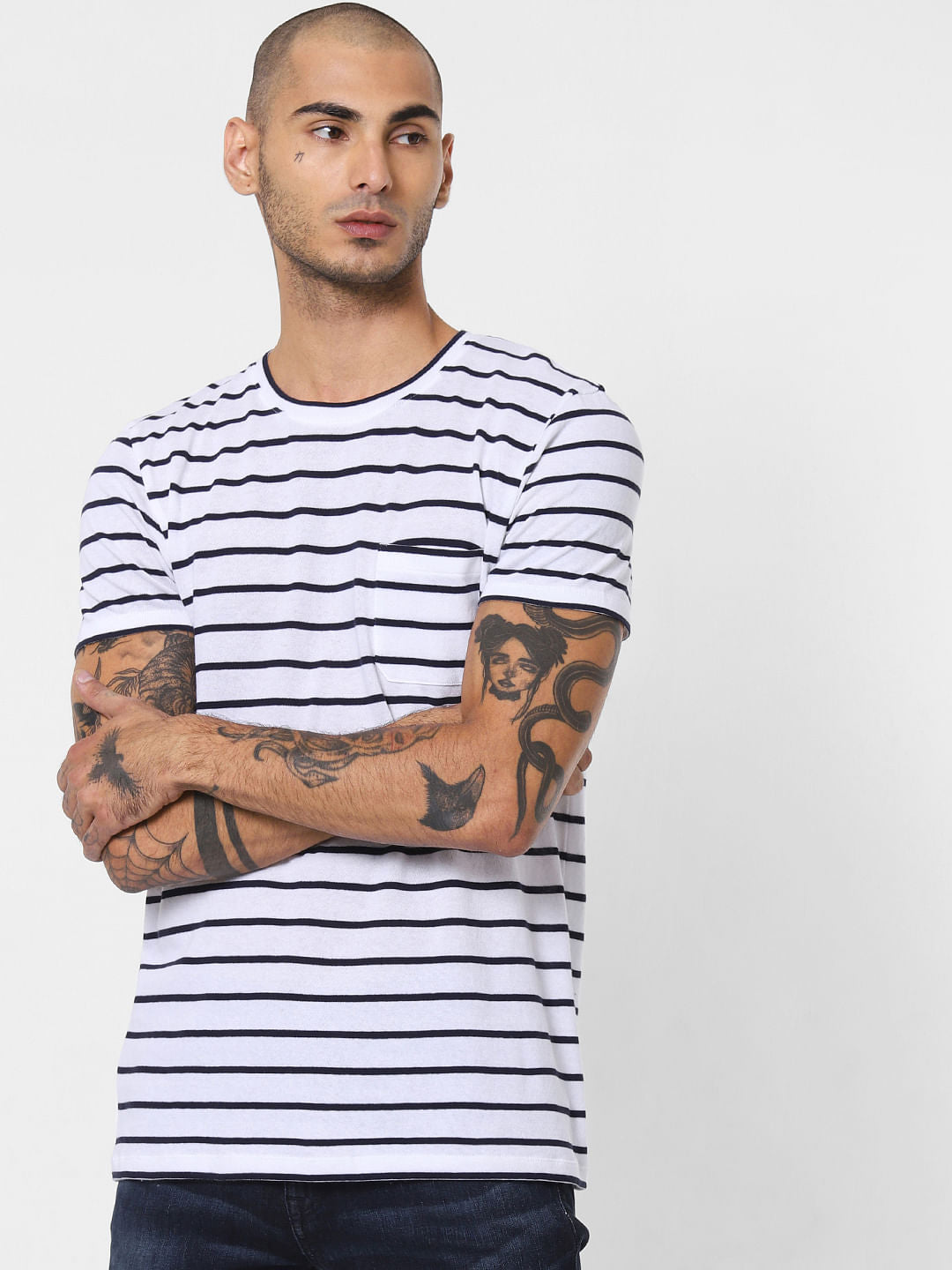White Striped Crew Neck T-shirt
