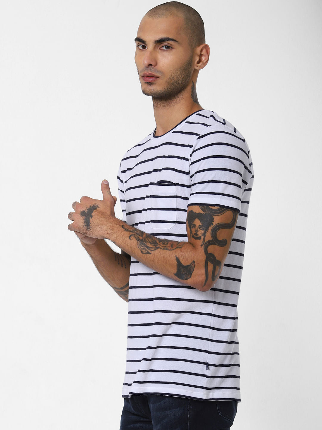 White Striped Crew Neck T-shirt
