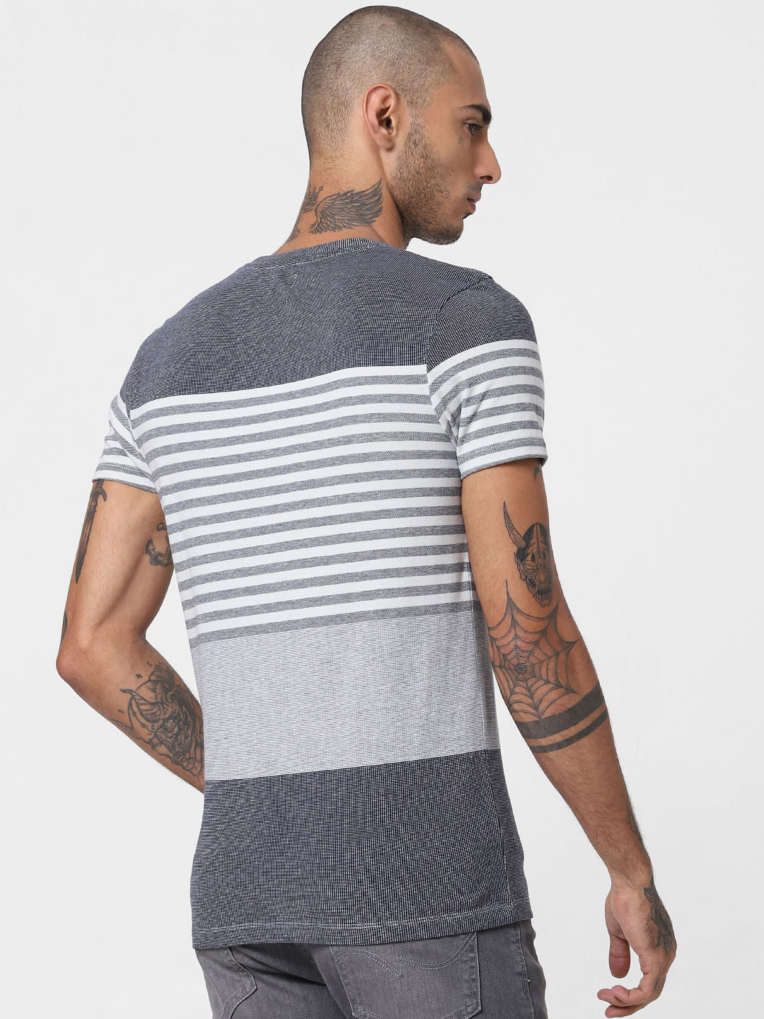 Navy Blue Striped Crew Neck T-shirt