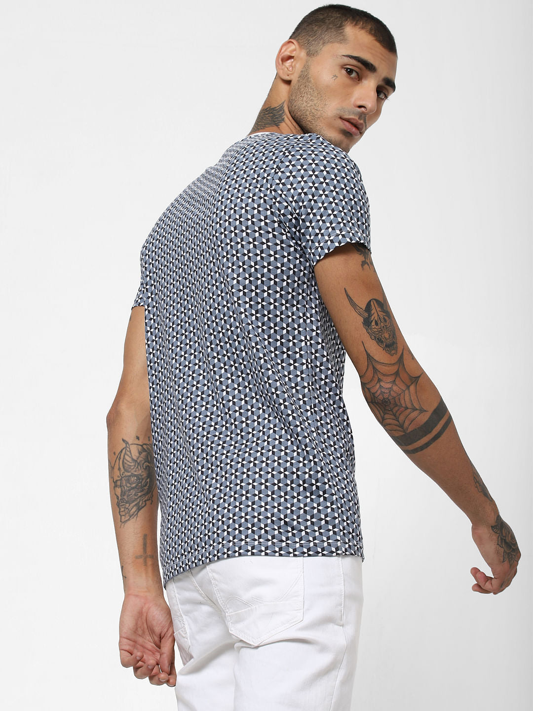 White Geometric Print Crew Neck T-shirt