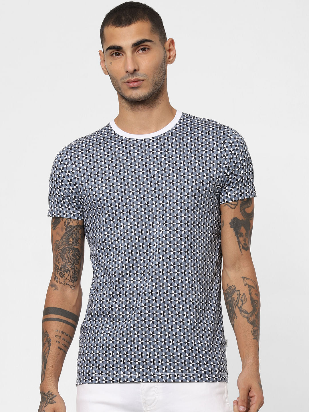 White Geometric Print Crew Neck T-shirt
