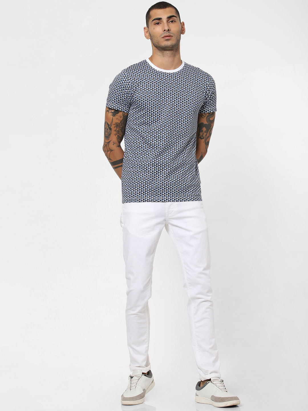 White Geometric Print Crew Neck T-shirt