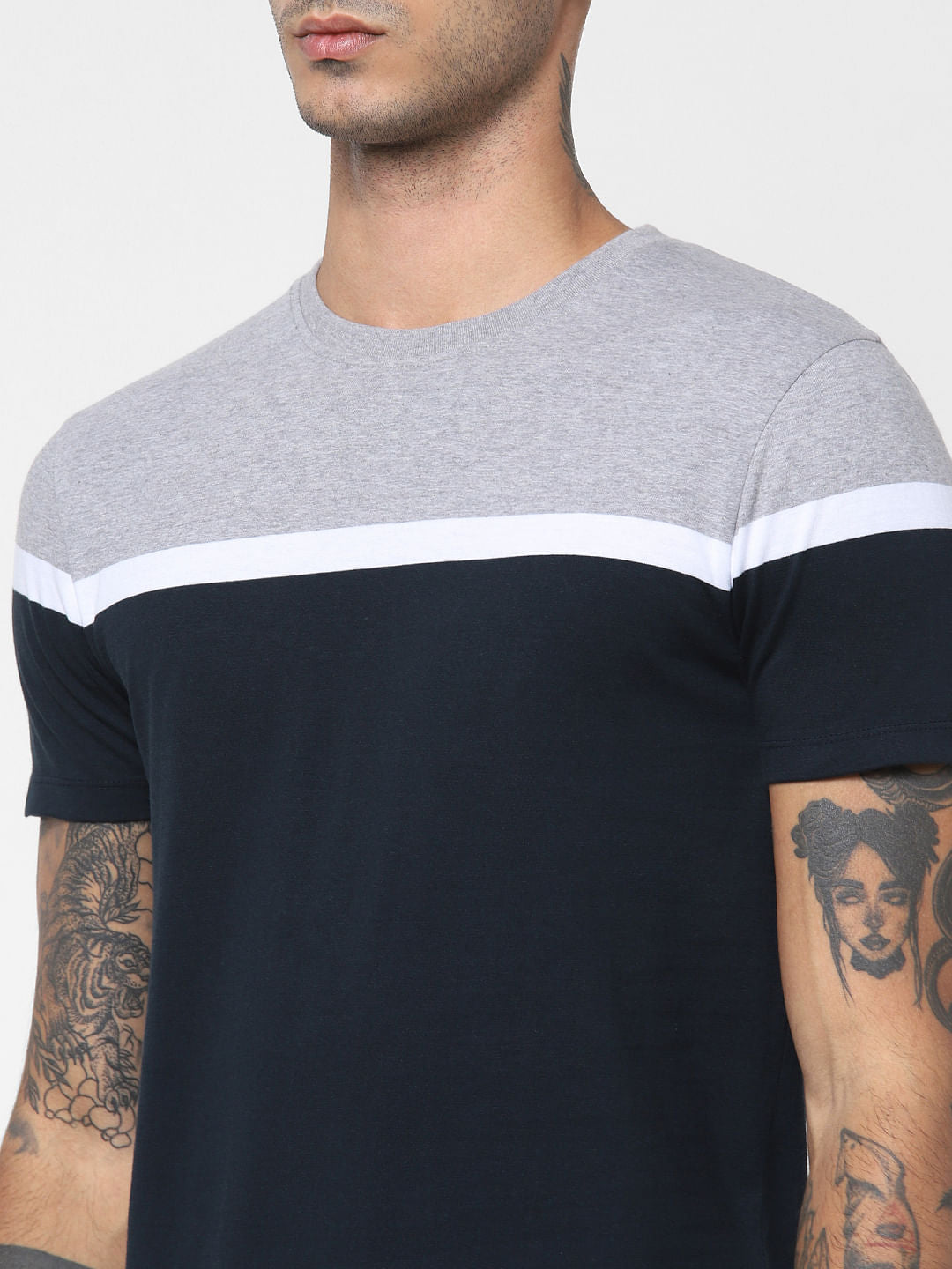 Navy Blue Colourblocked Crew Neck T-shirt