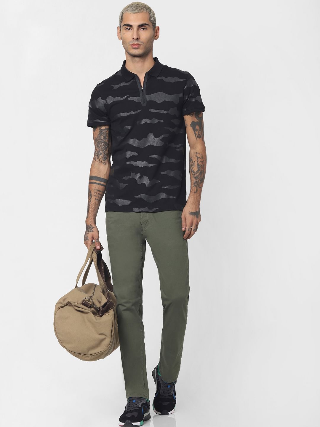 Black Camo Print Polo Neck T-shirt