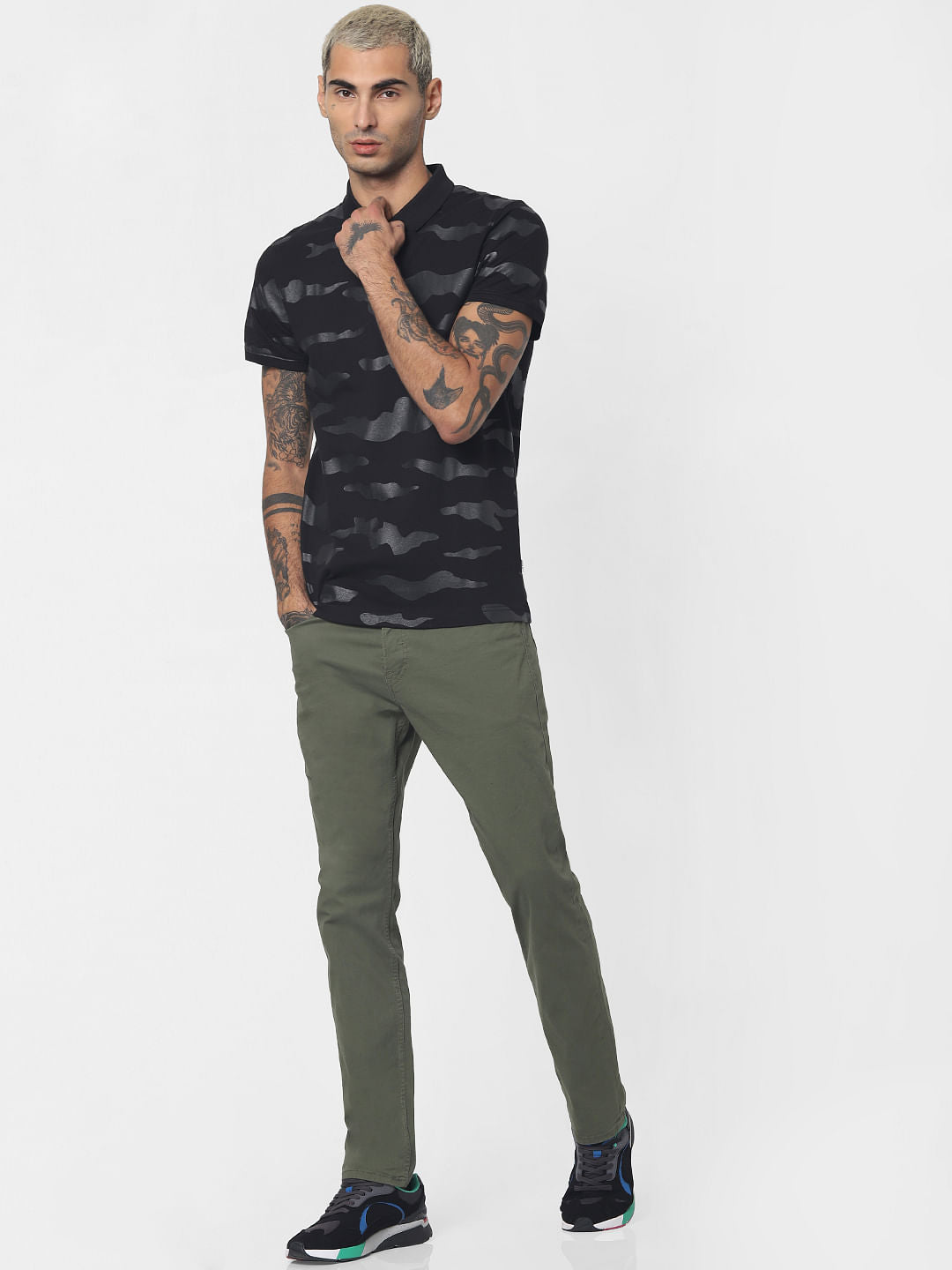 Black Camo Print Polo Neck T-shirt