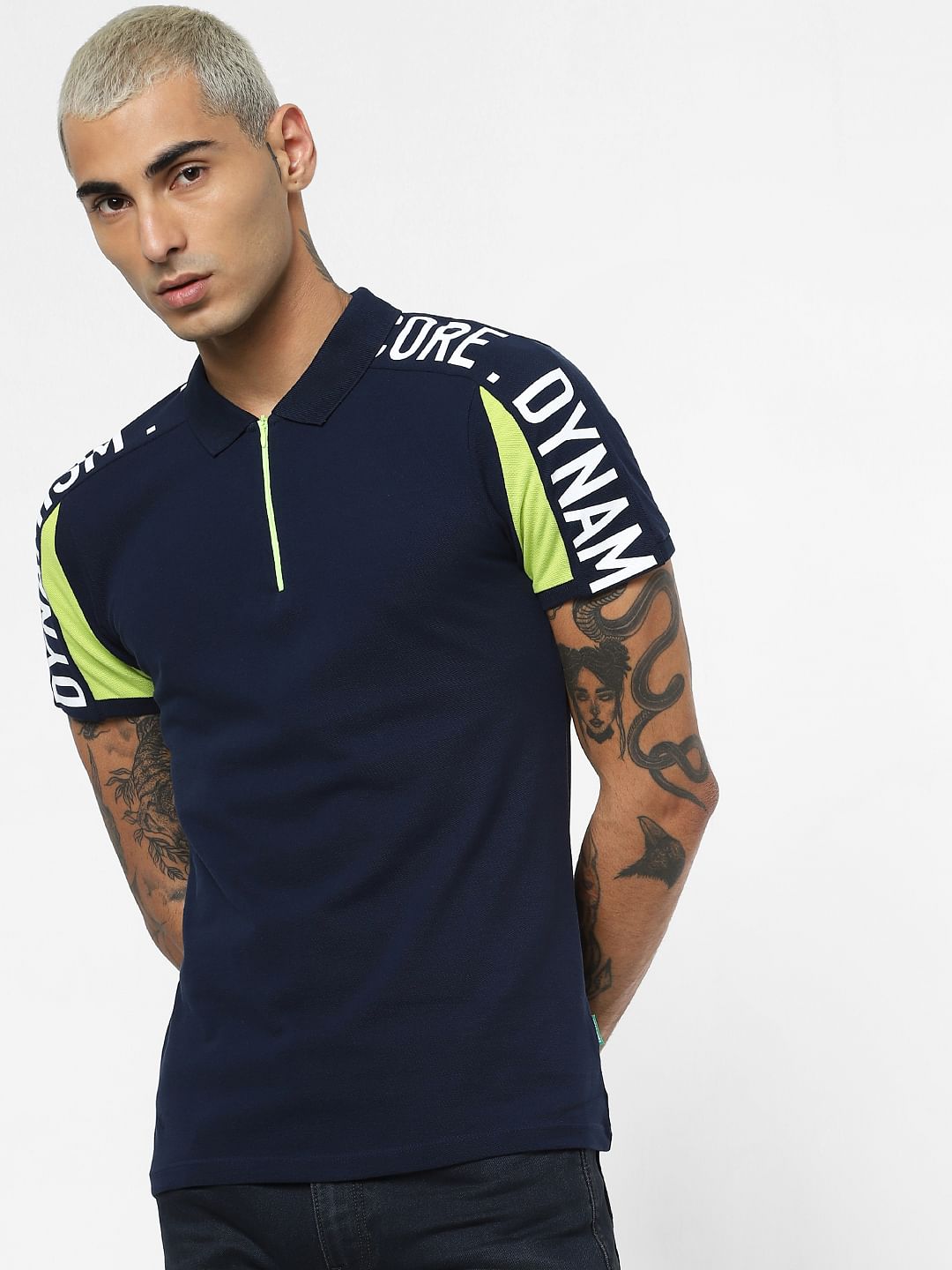 Blue Colourblocked Polo Neck T-shirt