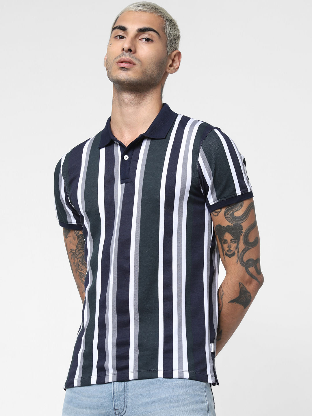 Navy Blue Striped Polo Neck T-shirt