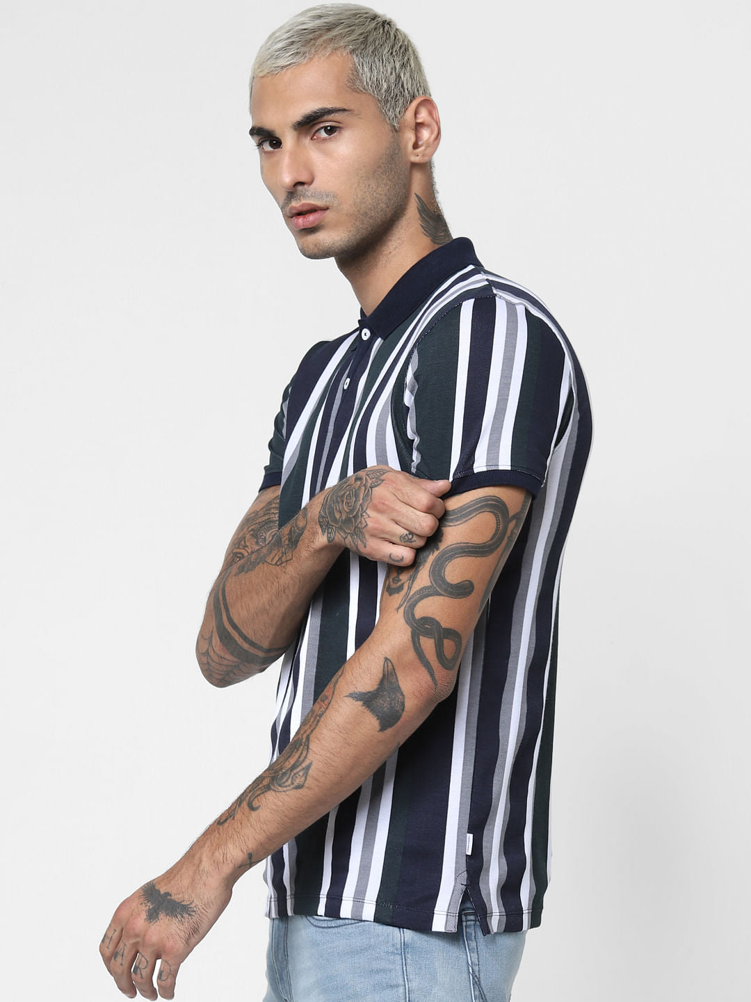 Navy Blue Striped Polo Neck T-shirt