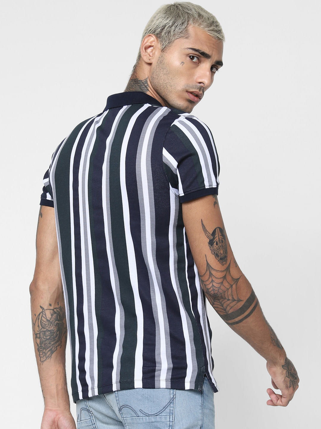 Navy Blue Striped Polo Neck T-shirt