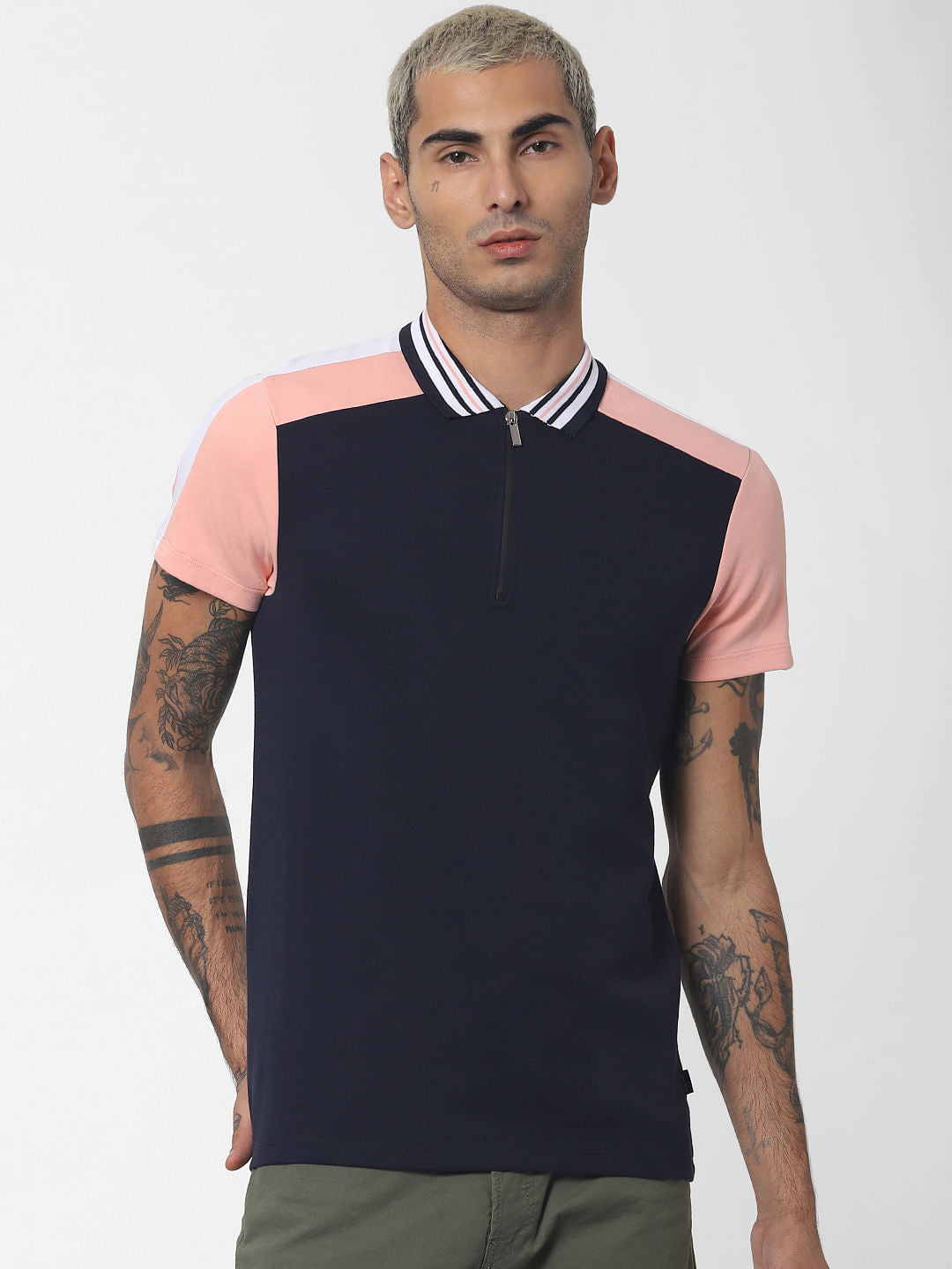 Navy Blue Colourblocked Polo Neck T-shirt
