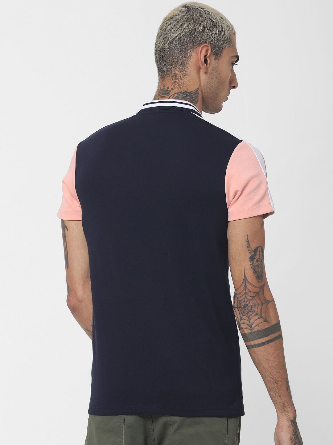 Navy Blue Colourblocked Polo Neck T-shirt