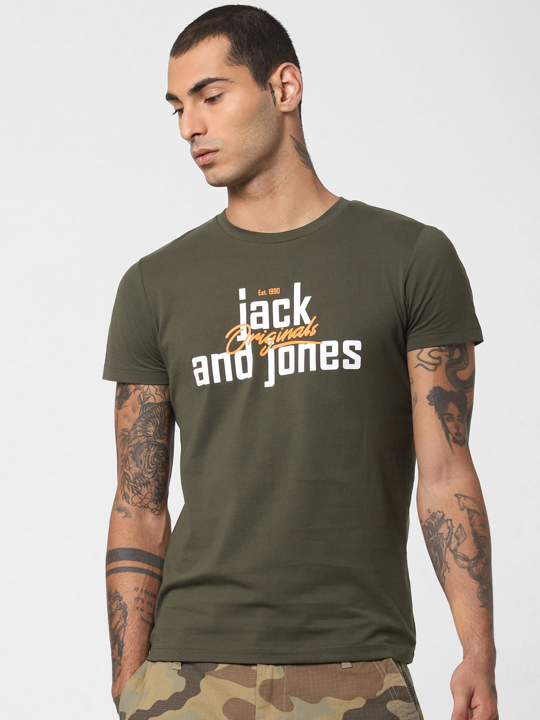 Dark Green Logo Print Crew Neck T-shirt