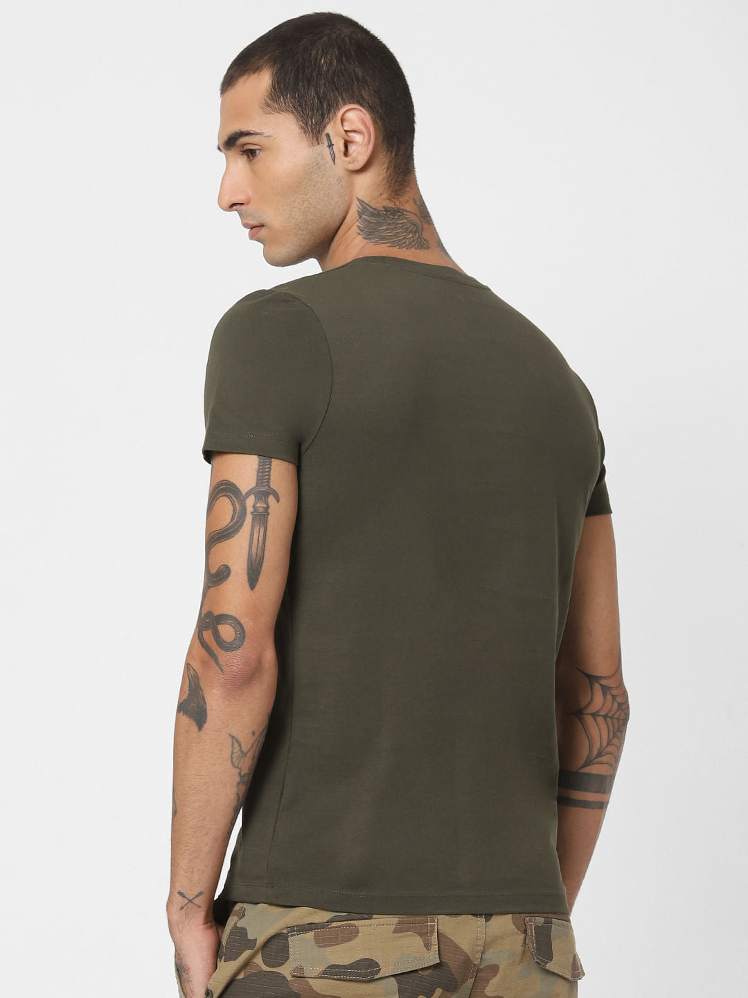 Dark Green Logo Print Crew Neck T-shirt