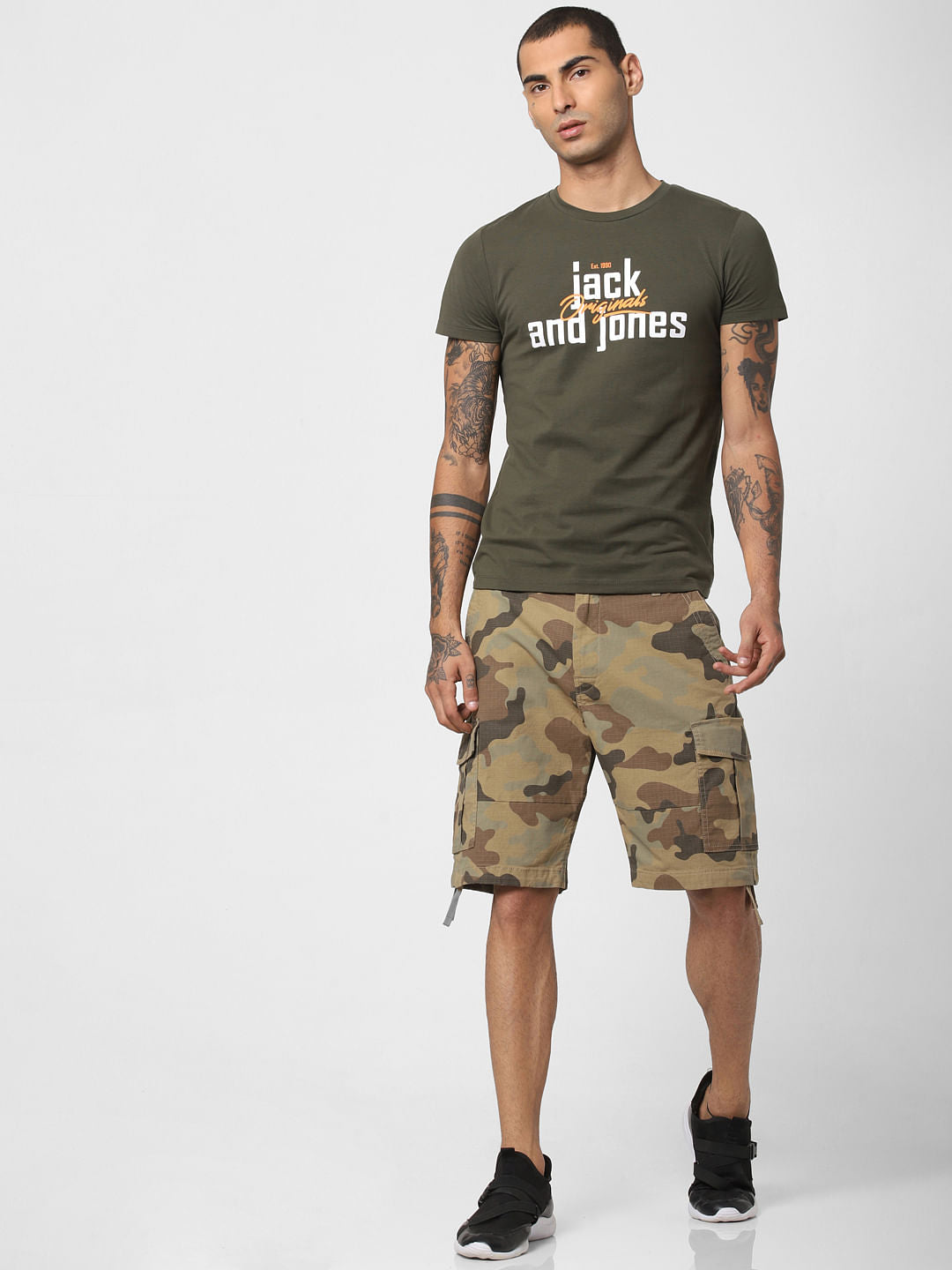 Dark Green Logo Print Crew Neck T-shirt