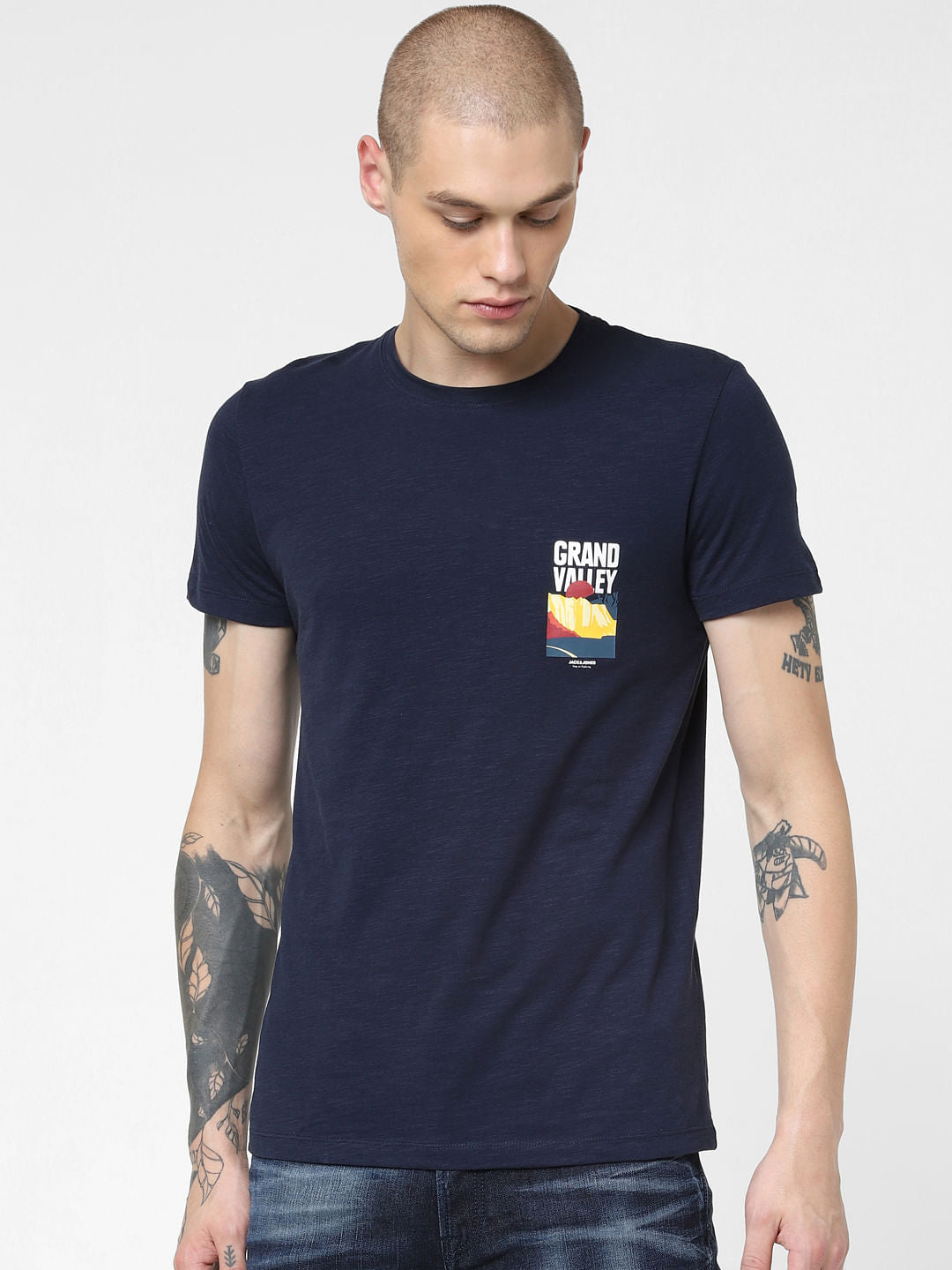 Navy Blue Graphic Print Crew Neck T-shirt