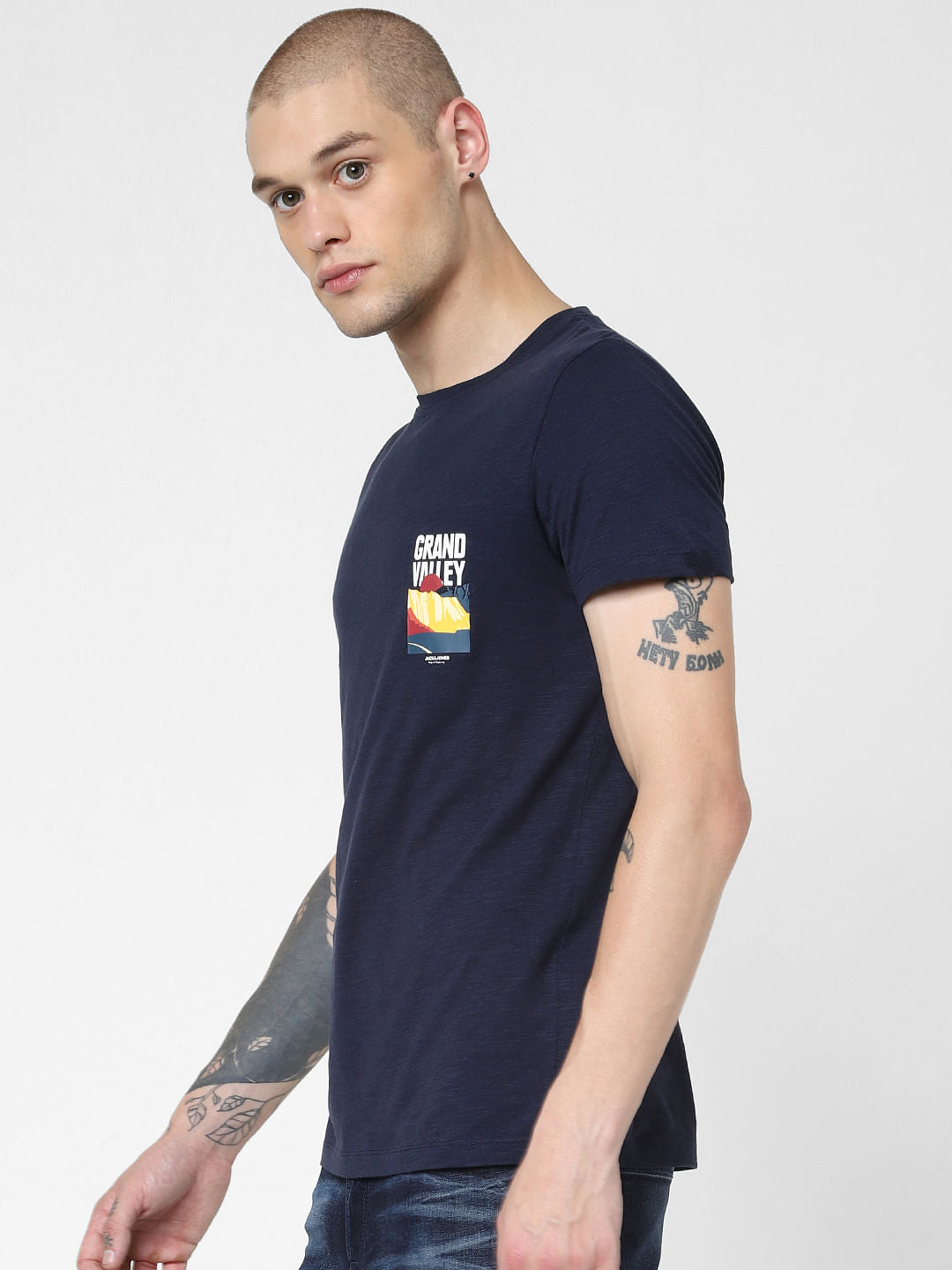 Navy Blue Graphic Print Crew Neck T-shirt