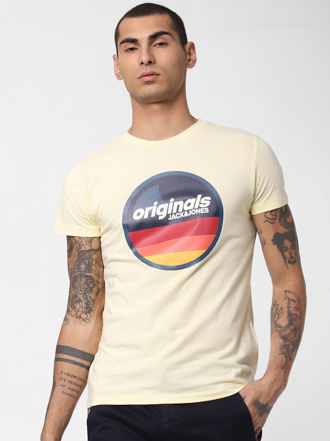 Light Yellow Logo Print Crew Neck T-shirt