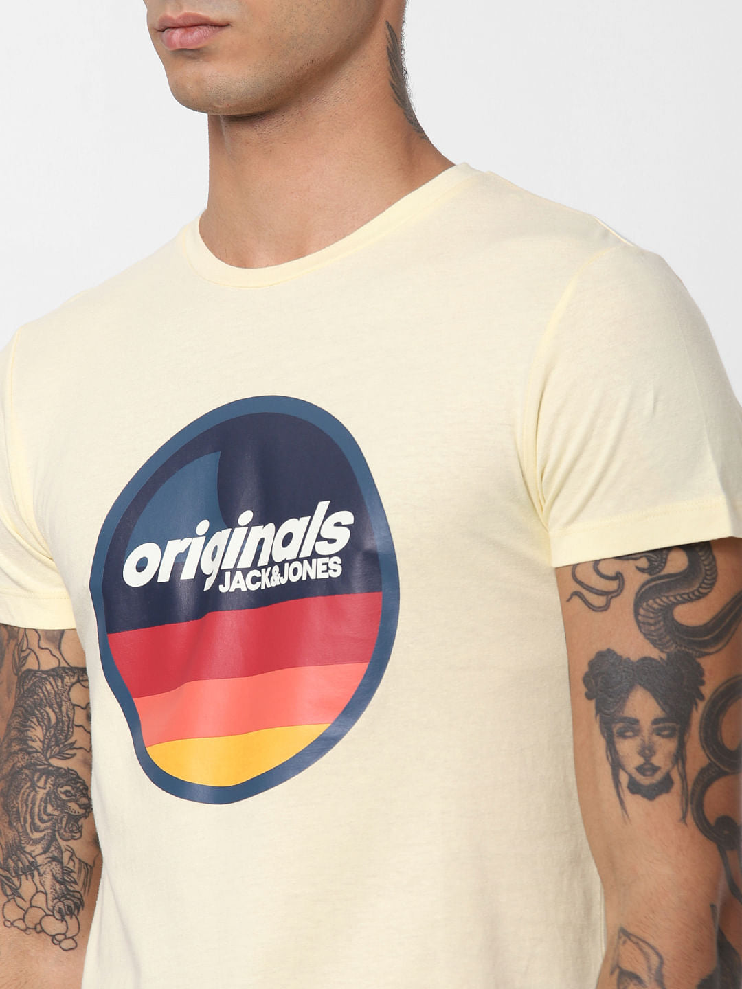 Light Yellow Logo Print Crew Neck T-shirt