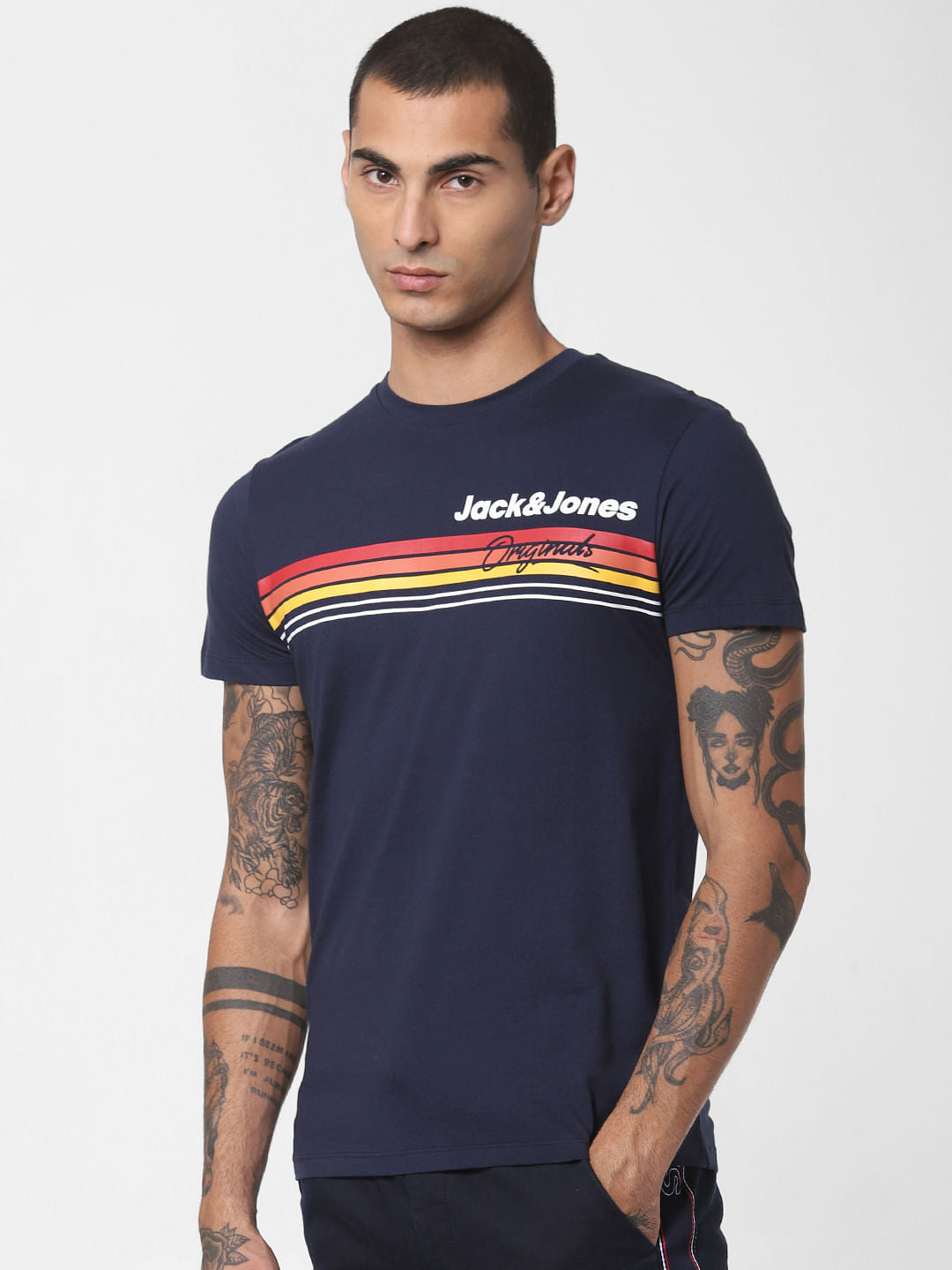 Navy Blue Logo Print Crew Neck T-shirt
