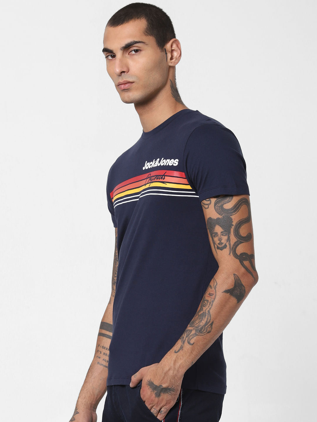Navy Blue Logo Print Crew Neck T-shirt