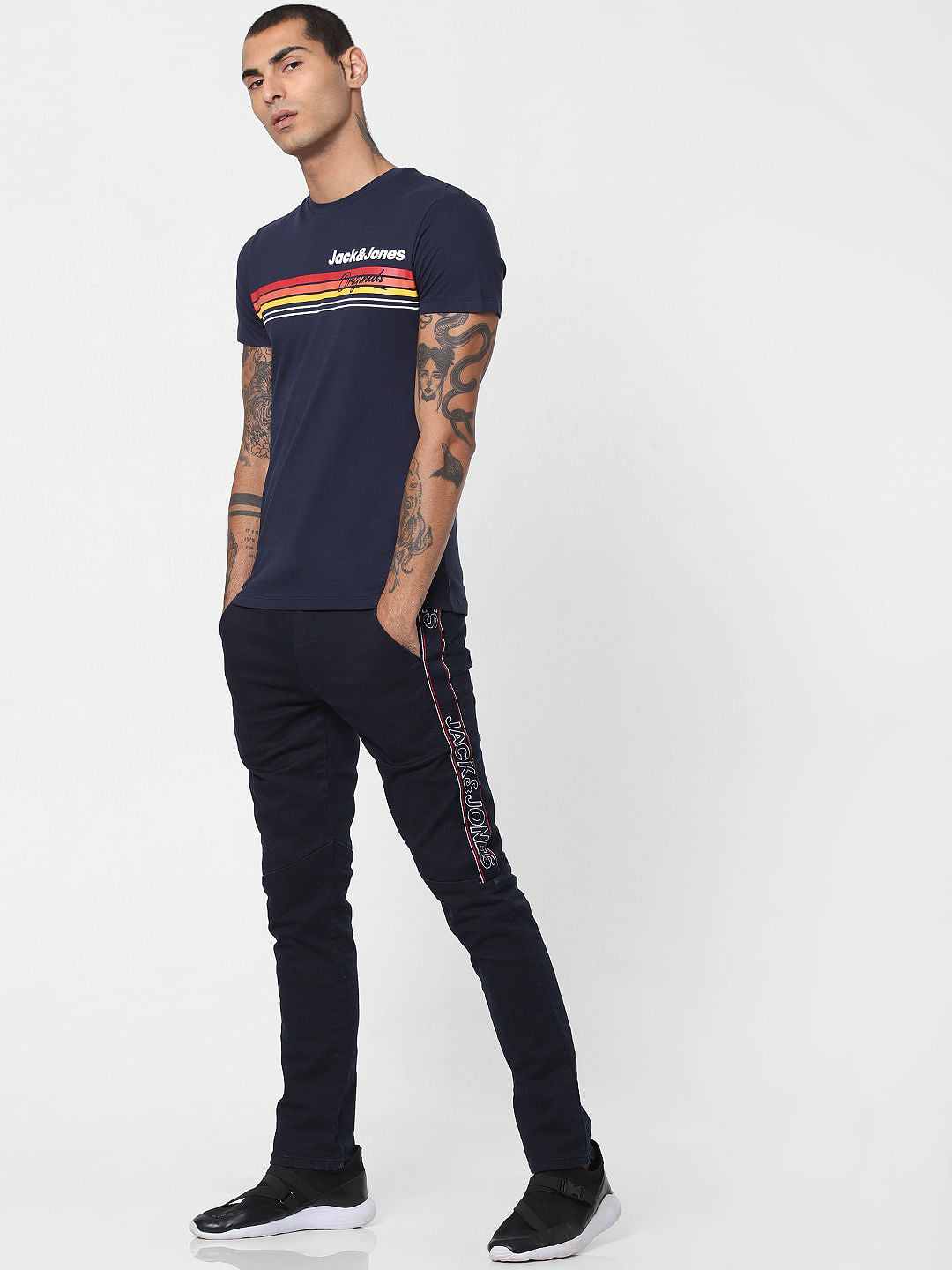 Navy Blue Logo Print Crew Neck T-shirt