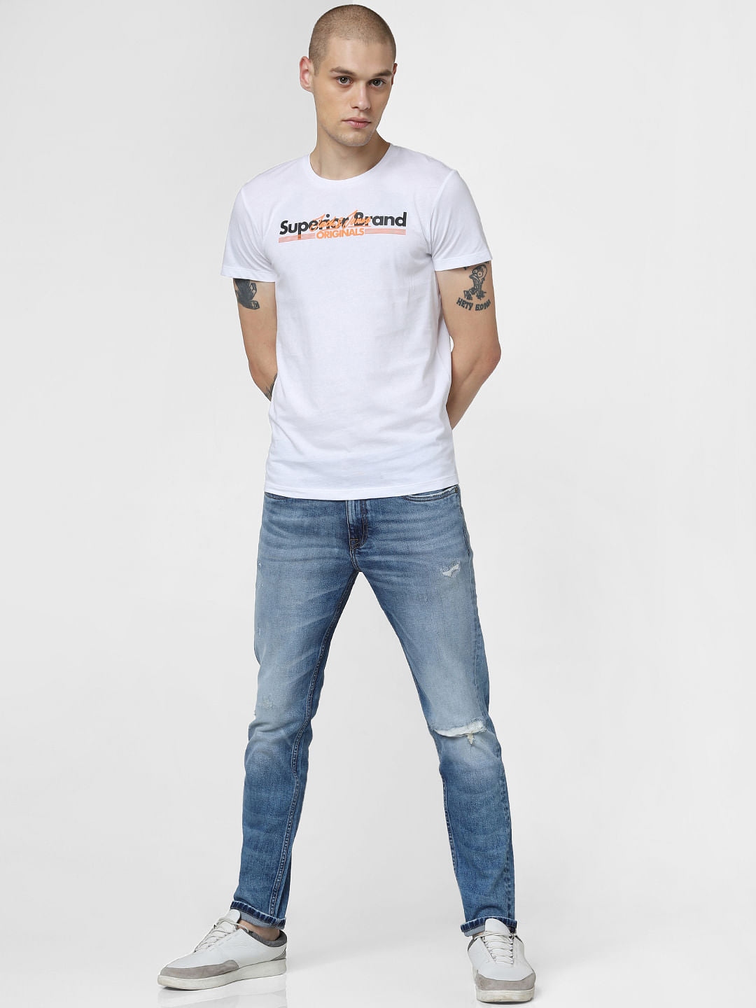 White Logo Print Crew Neck T-shirt